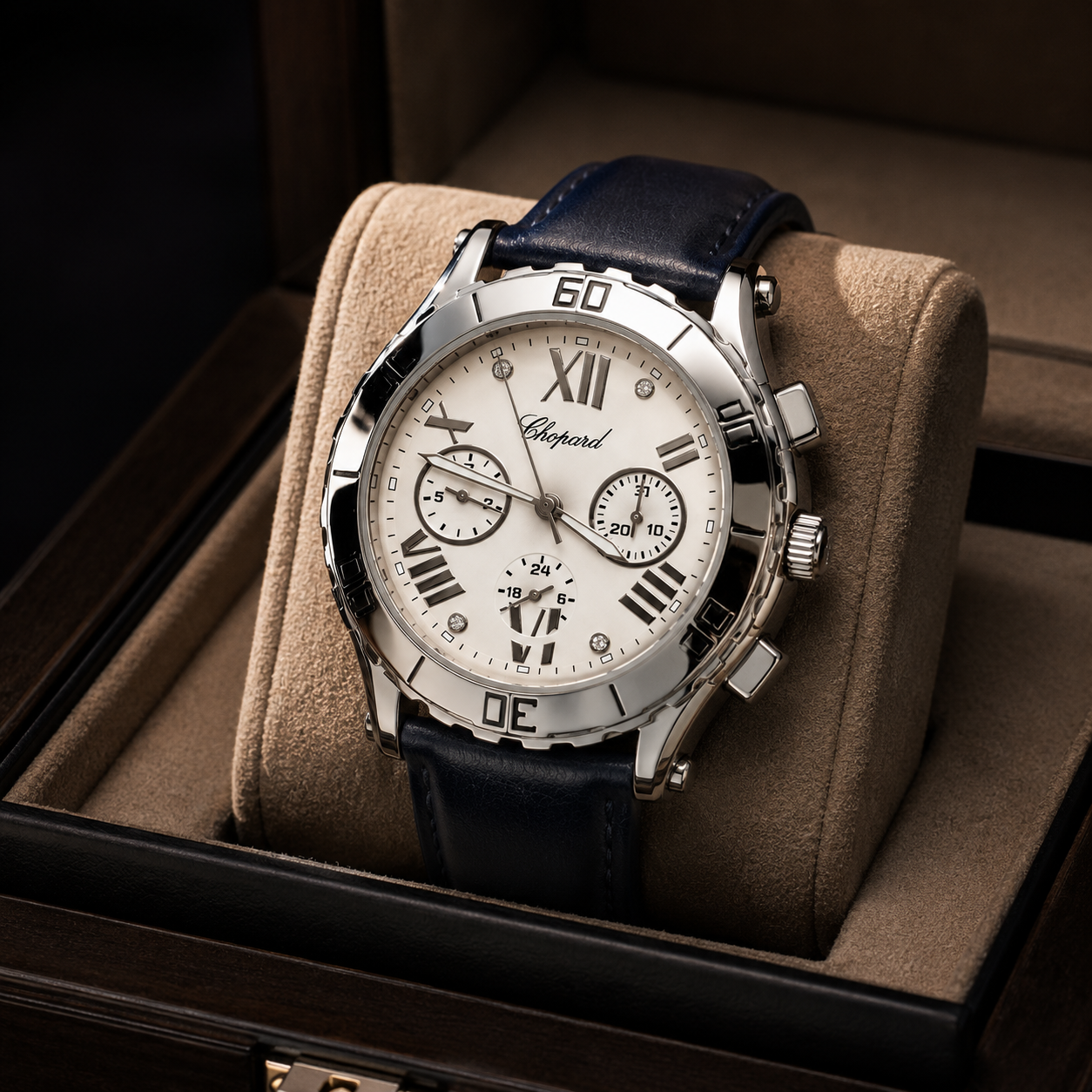 Chopard Chronograph Men's Watch – White Dial with Blue Leather Strap | Luxury Quartz Watch