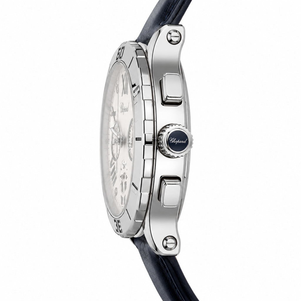 Chopard Chronograph Men's Watch – White Dial with Blue Leather Strap | Luxury Quartz Watch