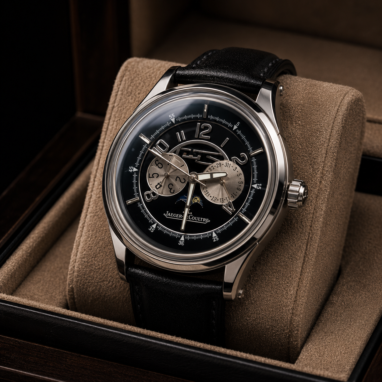 Jaeger-LeCoultre Men's Luxury Moonphase Watch – Black Dial with Leather Strap