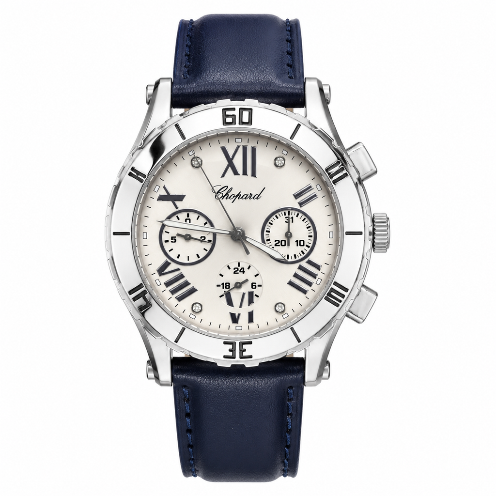 Chopard Chronograph Men's Watch – White Dial with Blue Leather Strap | Luxury Quartz Watch